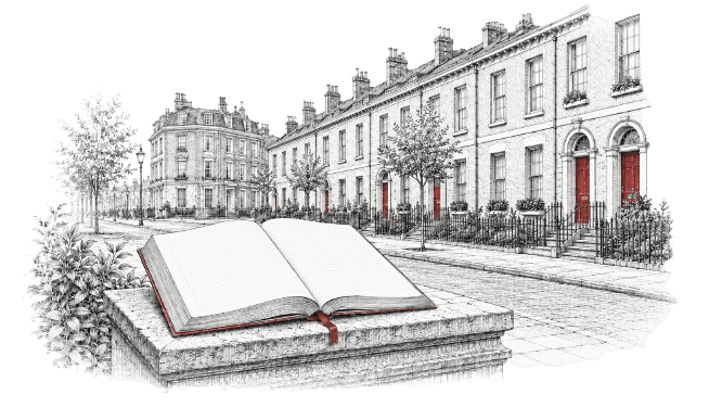 A ledger sits open on a kerbstone in front of a row of English terraced houses; faint red threads run from its pages to each front door.
